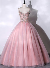 Black Tie Dress, Pink Ball Gown Beaded V-neckline Prom Dress, Pink Sweet 16 Dresses