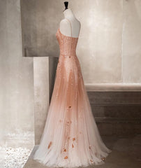 Homecomming Dresses With Sleeves, Pink Beaded Tulle Prom Dress Evening Dress, Straps Gradient Party Dresses