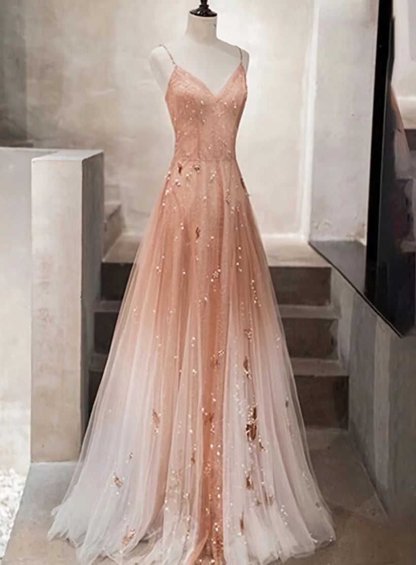 Homecoming Dress With Sleeves, Pink Beaded Tulle Prom Dress Evening Dress, Straps Gradient Party Dresses