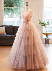 Party Dress Boho, Pink Beaded V-neckline Tulle Party Dress Prom Dress, Tulle Layers Sweet 16 Dress