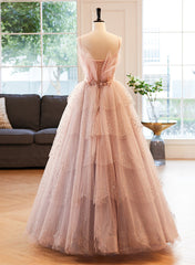 Party Dress Silk, Pink Beaded V-neckline Tulle Party Dress Prom Dress, Tulle Layers Sweet 16 Dress