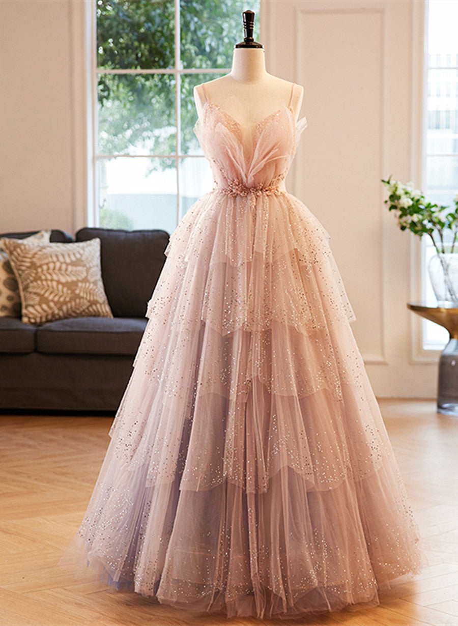 Party Dress Set, Pink Beaded V-neckline Tulle Party Dress Prom Dress, Tulle Layers Sweet 16 Dress