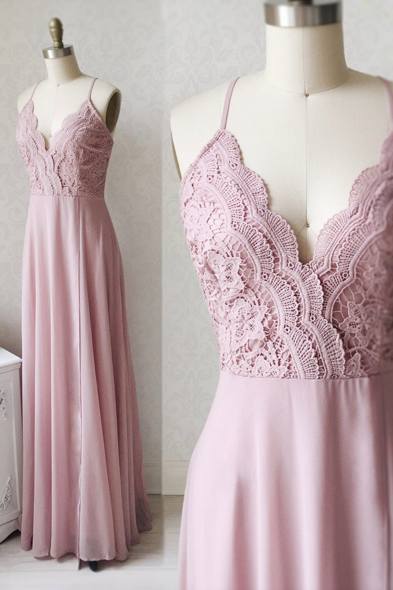 Prom Dresses Near Me, Pink Chiffon Lace Long A-Line Prom Dress, Pink V-Neck Evening Dress