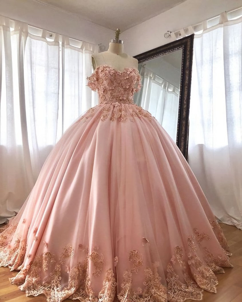 Party Dresses And Jumpsuits, Pink Embroidered Lace Quinceanera Dresses Ball Gowns, Long Prom Dress