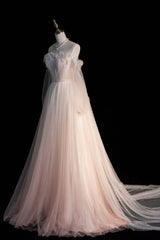 Formal Dress Fall, Pink Gradient Tulle Long A-Line Prom Dress, Long Sleeve Evening Party Dress