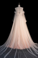 Formal Dresses Fall, Pink Gradient Tulle Long A-Line Prom Dress, Long Sleeve Evening Party Dress