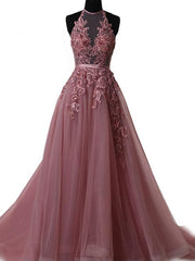 Prom Dresses Shops, Pink Halter  Lace-up Long Formal Gown, Pink Party Dresses