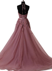 Prom Dresses Inspired, Pink Halter  Lace-up Long Formal Gown, Pink Party Dresses