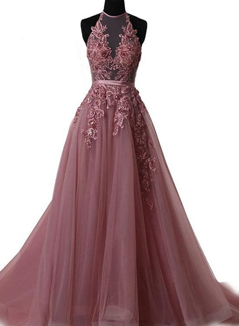 Prom Dresses Shopping, Pink Halter  Lace-up Long Formal Gown, Pink Party Dresses