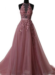 Prom Dresses Shopping, Pink Halter  Lace-up Long Formal Gown, Pink Party Dresses