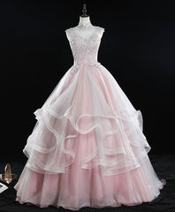 Prom Dresses Stores Near Me, Pink High Neck Tulle Lace Long Sweet 16 Dress Tulle Lace Pink Prom Dress