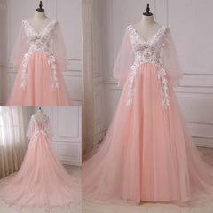 Party Dress Australian, Pink Lace Applique V-neckline Long Prom Dress, Long Sleeves Fashionable Evening Gown