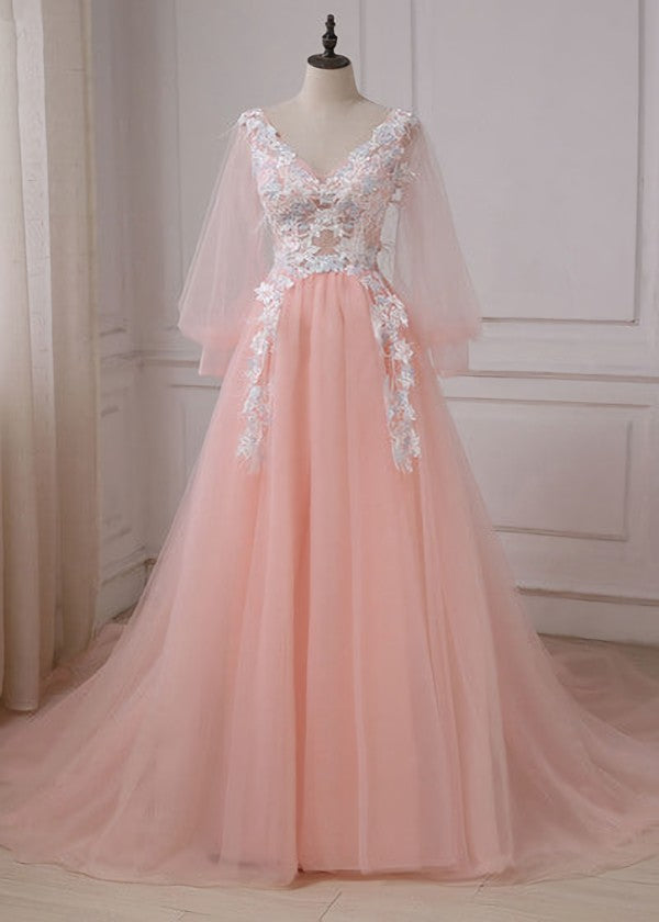Party Dresses Australia, Pink Lace Applique V-neckline Long Prom Dress, Long Sleeves Fashionable Evening Gown