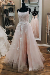 Formal Dresses For Teen, Pink Lace Appliques A Line Open Back Tulle Long Prom Dresses, Pink Lace Formal Graduation Evening Dresses