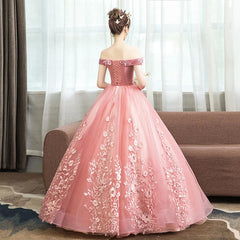 Prom Dresses 2029 Red, Pink Lace Flower Off Shoulder Sweet 16 Dress, Pink Long Prom Dresses Quinceaner Dress