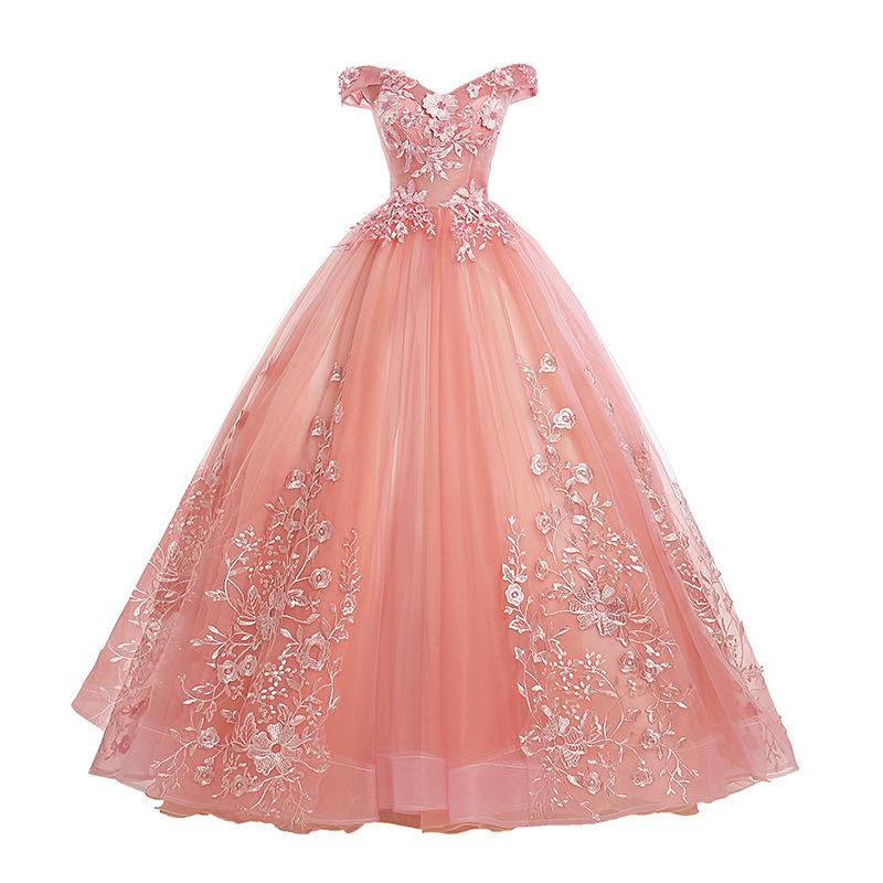 Prom Dress And Boots, Pink Lace Flower Off Shoulder Sweet 16 Dress, Pink Long Prom Dresses Quinceaner Dress