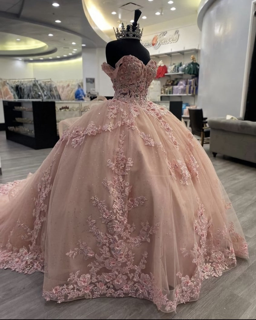 Party Dresses Night Out, Pink Lace Long Prom Dresses, Ball Gown Sweet 16 Dresses