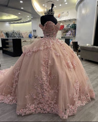 Party Dresses Night Out, Pink Lace Long Prom Dresses, Ball Gown Sweet 16 Dresses