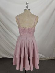 Homecoming Dresses Beautiful, Pink Lace Satin Lace Short Prom Dress, Pink Homecoming Dresses