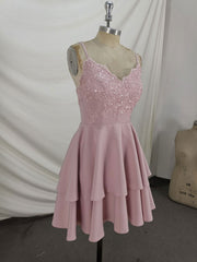 Homecoming Dresses 2033, Pink Lace Satin Lace Short Prom Dress, Pink Homecoming Dresses