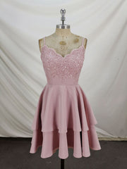 Homecoming Dress Beautiful, Pink Lace Satin Lace Short Prom Dress, Pink Homecoming Dresses