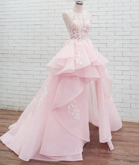 Casual Gown, PinK lace tulle long prom dress, pink tulle evening dress