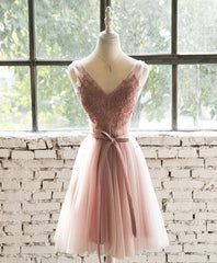 Prom Dresses With Pockets, Pink Lace Tulle Short Prom Dress, Homecoming Dress