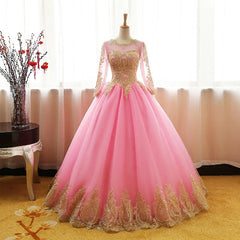 Party Dresses Pink, Pink Long Sleeves Tulle Round Neckline Sweet 16 Dresses, Pink Formal Gown