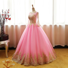 Party Dress Satin, Pink Long Sleeves Tulle Round Neckline Sweet 16 Dresses, Pink Formal Gown