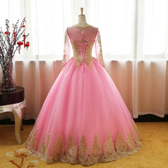 Party Dress India, Pink Long Sleeves Tulle Round Neckline Sweet 16 Dresses, Pink Formal Gown