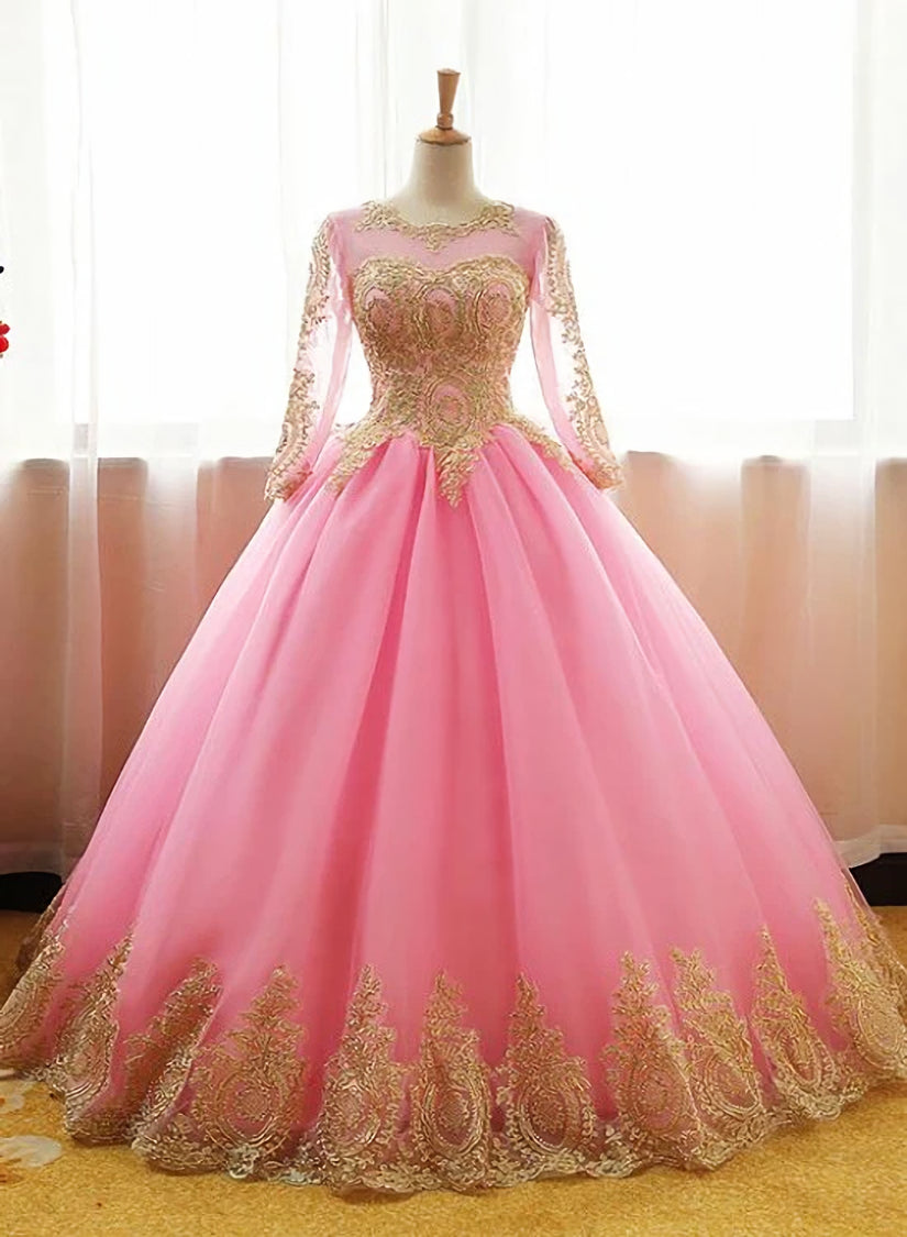 Party Dress White, Pink Long Sleeves Tulle Round Neckline Sweet 16 Dresses, Pink Formal Gown