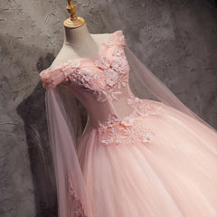 Summer Dress, Pink Long Tulle with Lace Applique Ball Gown Sweet 16 Dresses, Pink Formal Dresses