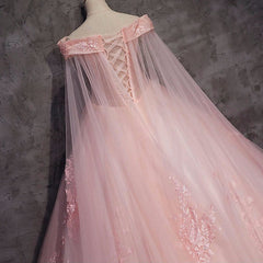 Prom Dress Gold, Pink Long Tulle with Lace Applique Ball Gown Sweet 16 Dresses, Pink Formal Dresses