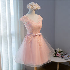 Prom Dress Tight, Pink Lovely Cap Sleeves Knee Length Formal Dress, Pink Tulle Prom Dress
