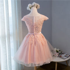 Prom Dress Gown, Pink Lovely Cap Sleeves Knee Length Formal Dress, Pink Tulle Prom Dress