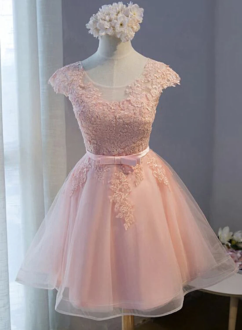 Prom Dress For Sale, Pink Lovely Cap Sleeves Knee Length Formal Dress, Pink Tulle Prom Dress