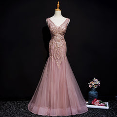 Bridesmaids Dresses Long Sleeve, Pink Mermaid Tulle Long Evening Dress with Lace, V-neckline Floor Length Prom Dress