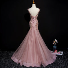 Bridesmaid Dress Long Sleeve, Pink Mermaid Tulle Long Evening Dress with Lace, V-neckline Floor Length Prom Dress