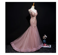 Wedding Invitations, Pink Mermaid Tulle Long Evening Dress with Lace, V-neckline Floor Length Prom Dress