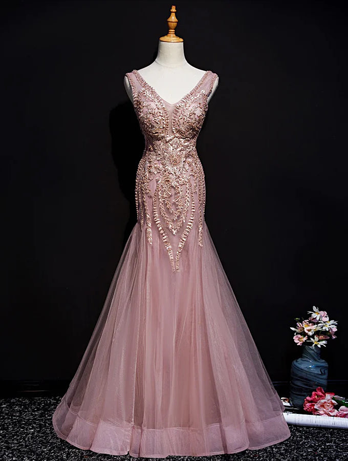 Bridesmaids Dresses Long Sleeves, Pink Mermaid Tulle Long Evening Dress with Lace, V-neckline Floor Length Prom Dress