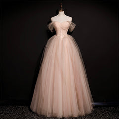 Prom Dresses Off The Shoulder, Pink Off Shoulder Beaded Tulle Long Party Dresses, Pink A-line Formal Dresses Prom Dress