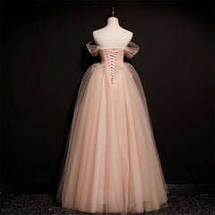 Prom Dresses Beautiful, Pink Off Shoulder Beaded Tulle Long Party Dresses, Pink A-line Formal Dresses Prom Dress