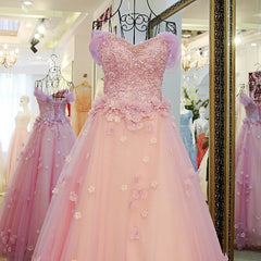 Bridesmaid Dresses With Lace, Pink Off Shoulder Lace Applique Tulle Flowers Prom Dress, Pink Formal Dress Sweet 16 Dress