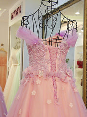 Bridesmaid Dresses Mismatched Summer, Pink Off Shoulder Lace Applique Tulle Flowers Prom Dress, Pink Formal Dress Sweet 16 Dress