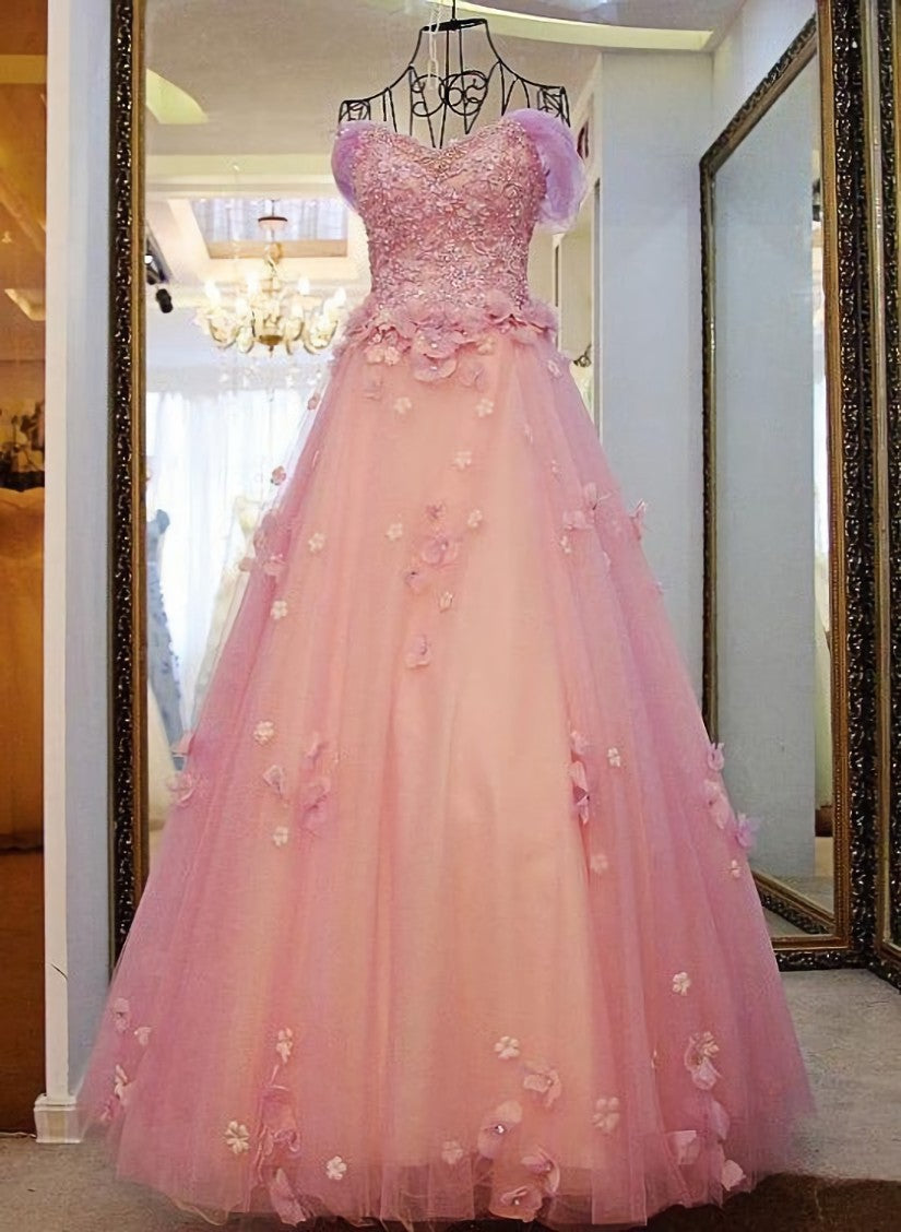 Bridesmaids Dresses With Lace, Pink Off Shoulder Lace Applique Tulle Flowers Prom Dress, Pink Formal Dress Sweet 16 Dress
