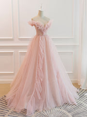 Formal Dress Short, Pink Off Shoulder Tulle Long Prom Dress, Pink A line Tulle Graduation Dress