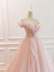 Short White Dress, Pink Off Shoulder Tulle Long Prom Dress, Pink A line Tulle Graduation Dress