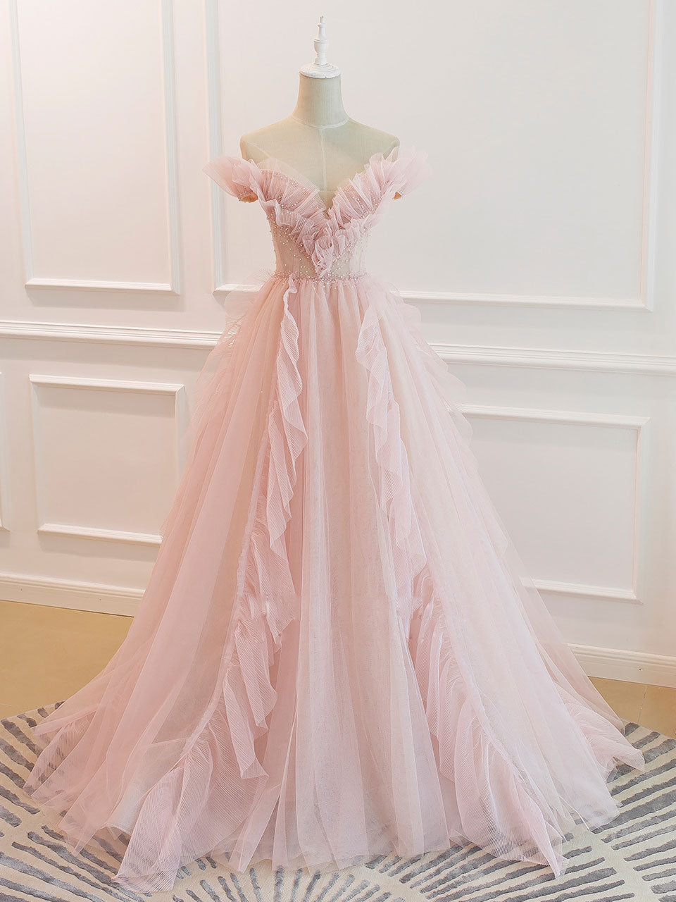 Homecoming, Pink Off Shoulder Tulle Long Prom Dress, Pink A line Tulle Graduation Dress