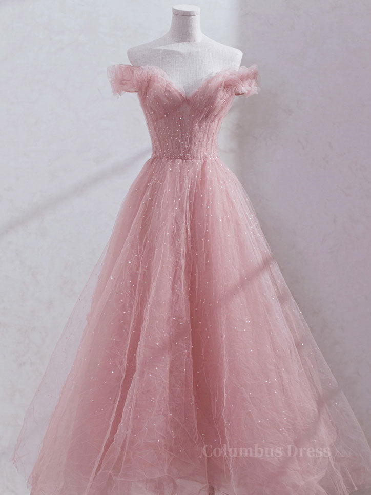 Prom Dresses 2026 Cheap, Pink off shoulder tulle sequin long prom dress, pink formal dress