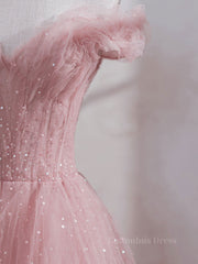 Prom Dresses Pattern, Pink off shoulder tulle sequin long prom dress, pink formal dress